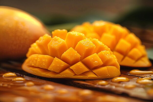 Les célèbres tranches de mangue d'Alphonso sur fond de boisFocus sélectif de l'image générative ai
