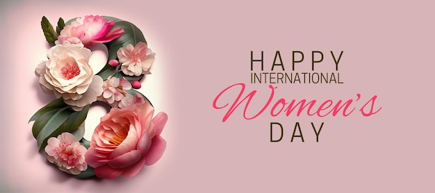 Célébrez le 8 mars avec une bannière colorée ornée de fleurs roses pour la Journée internationale de la femme