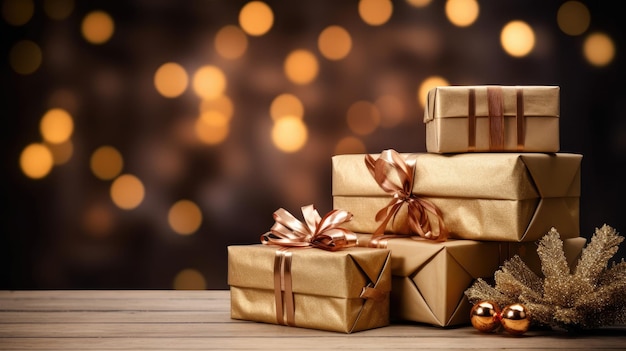 Célébrez la joie de donner avec une belle pile de cadeaux de Noël sur un fond de table en bois rustique l'image parfaite pour la saison des fêtes