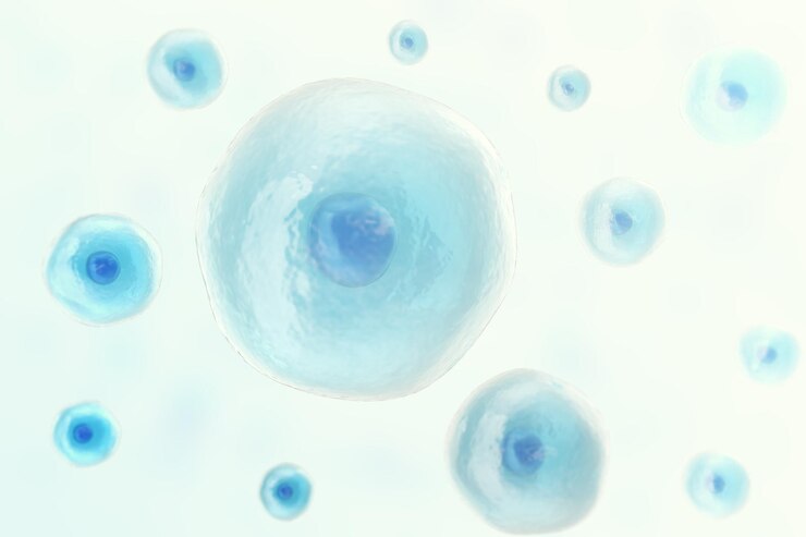 Photo cellule bleue humaine au centre, formation scientifique en médecine. illustration 3d.