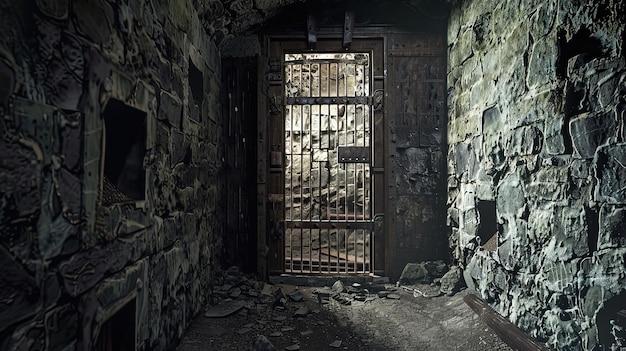 Photo cellule de donjon décomposée avec des murs en ruine et un lieu sombre fantômes paranormal gothique du moyen âge ruines poussière humidité structure souterraine mysticisme peur génératif par ai