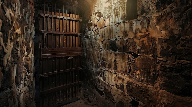 Cellule de donjon décomposée avec des murs en ruine et un lieu sombre fantômes paranormal gothique du Moyen Âge ruines poussière humidité structure souterraine mysticisme peur génératif par AI