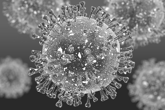 Cellule du virus Covid dans le sang humain agrandie au microscope. Rendu 3D.