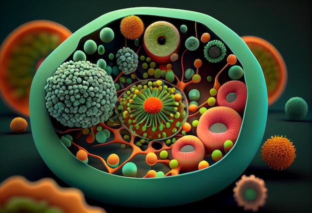 Une cellule verte contenant de nombreux objets de couleurs différentes.