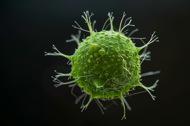 une cellule verte du virus de la grippe sur un fond noir illustration tridimensionnelle