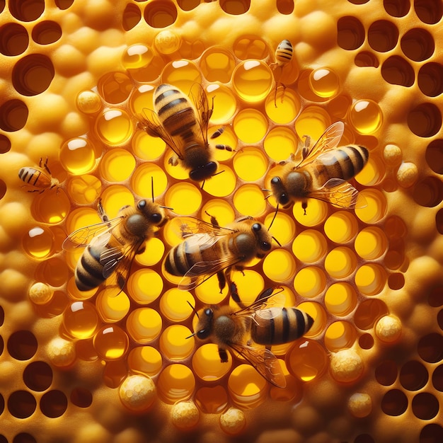 cellules de miel jaune avec cinq abeilles sur eux vue de haut