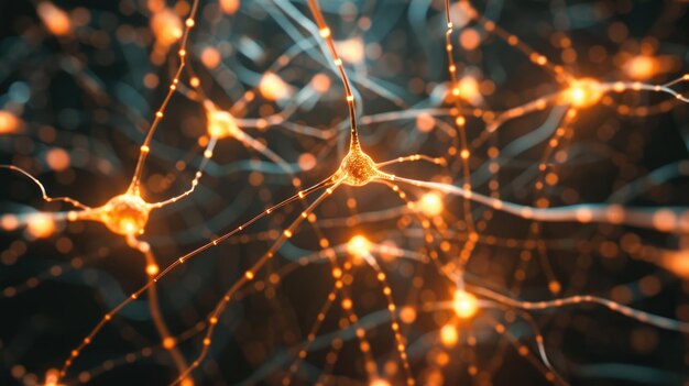 Photo des cellules neuronales avec des connexions lumineuses présentées en macro sur une toile de fond abstraite