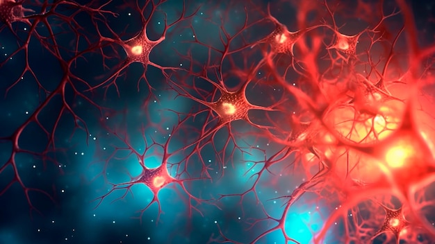 Les cellules neuronales avec des nœuds de liaison lumineux Neurones rouges dans le cerveau IA générative