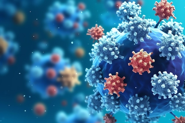 Cellules virales ou bactéries sur fond bleu Plusieurs particules de coronavirus réalistes flottant