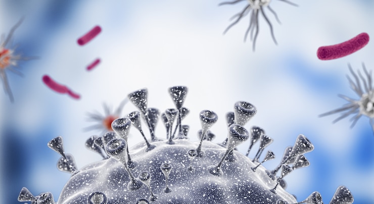 Photo cellules virales ou molécule bactérienne. grippe, vue d'un virus au microscope, maladie infectieuse