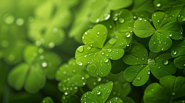 Des centaines de branches vertes en gros plan avec des gouttes de rosée sur un fond flou Le trèfle vert à quatre feuilles est le symbole de la fête de Saint-Patrick.