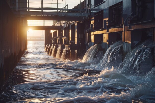 Une centrale électrique de marée sous la douce lueur du soleil couchant l'eau en mouvement symbolisant la génération d'énergie renouvelable