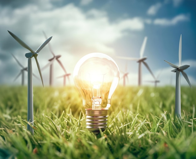 Photo centrale éolienne et concept de l'industrie de l'énergie verte de l'ampoule centrale éolienne énergie renouvelable