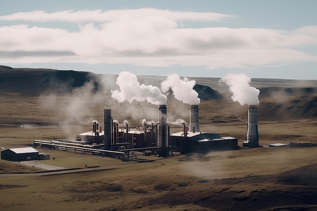 Centrale géothermique avec de la vapeur et de l'eau chaude s'élevant du sol créée avec une IA générative