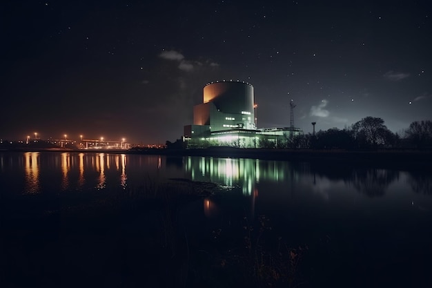 Centrale nucléaire sur la côte du lac photo de nuit