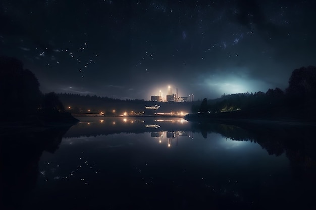 Centrale nucléaire sur la côte du lac photo de nuit