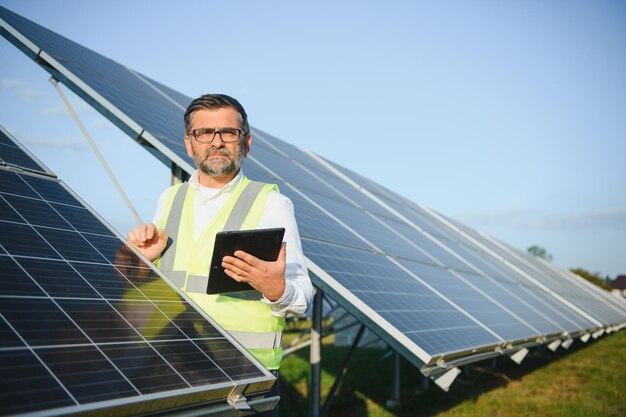 Centrale solaire Homme debout près des panneaux solaires Énergie renouvelable