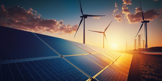 Photo centrale solaire avec turbines éoliennes au coucher du soleil sous un ciel bleu centrale électrique avec une turbine électrique et des panneaux solaires concepts d'énergie écologique et propre