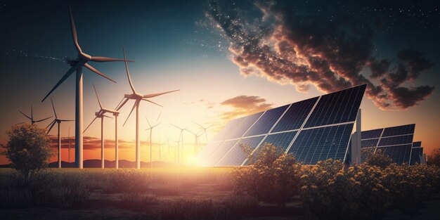 Photo centrale solaire avec turbines éoliennes au coucher du soleil sous un ciel bleu centrale électrique avec une turbine électrique et des panneaux solaires concepts d'énergie écologique et propre