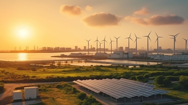 Les centrales éoliennes et solaires urbaines sont reliées au réseau intelligentIA générative et approvisionnement en énergie