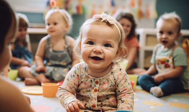 Centre d'accueil multiculturel avec des bébés afro-américains Groupe de travailleurs avec des nourrissons