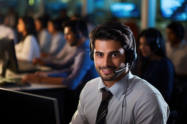 Centre d'appels indien Représentant de la clientèle Happy Male communiquant avec le client au microphone