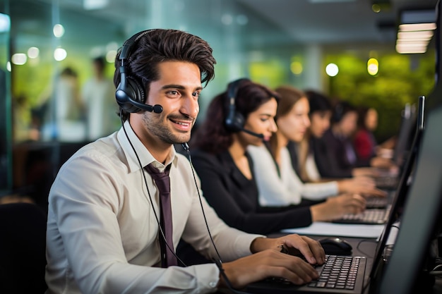 Centre d'appels indien Représentant de la clientèle Happy Male communiquant avec le client au microphone