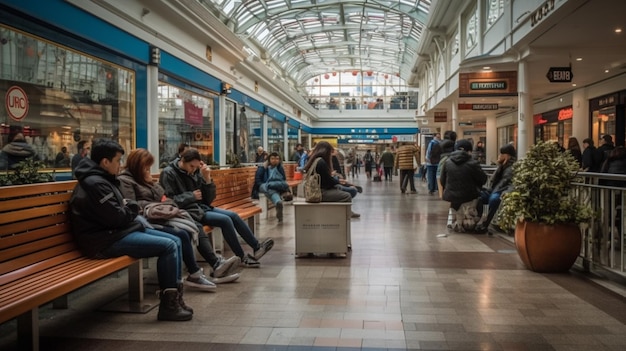 Le centre commercial est plein de monde et possède un grand plafond de verre.