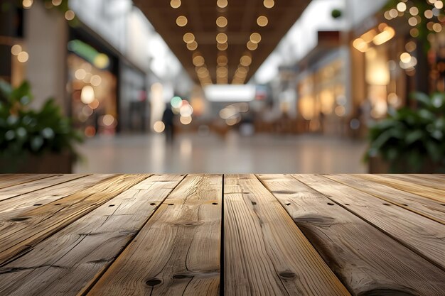 Un centre commercial flou derrière une table en bois