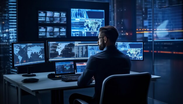 Centre de contrôle du système avec un homme assis derrière plusieurs écrans de surveillance