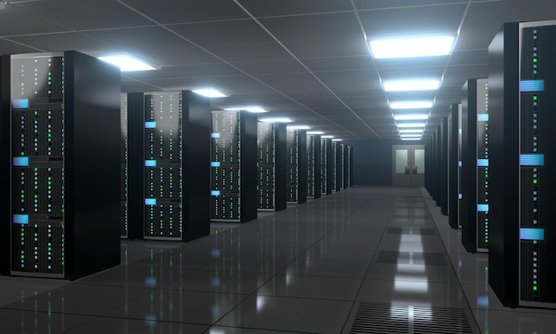 Centre de données avec de nombreux racks informatiques
