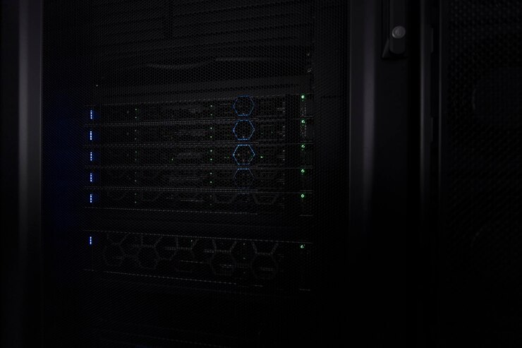 Centre de données avec plusieurs rangées de racks de serveurs entièrement opérationnels. Télécommunications modernes, informatique en nuage, intelligence artificielle, base de données, concept de technologie de superordinateur. Photo de haute qualité