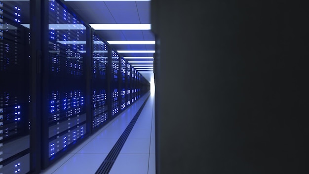Centre de données Racks d'ordinateurs dans la sécurité du réseau Salle de serveur Ferme d'exploitation minière de crypto-monnaie ou stockage d'hébergement Points connectés Code de programmation et concept binaire Renderage 3D bleu foncé