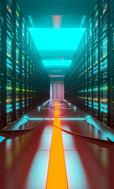 Centre de données avec racks de serveurs dans une salle de couloir. Rendu 3D des données numériques et de la technologie cloud