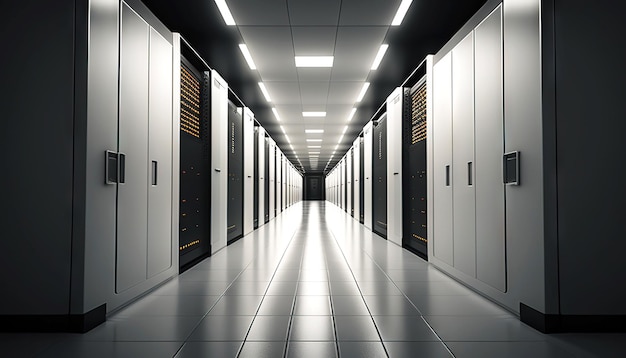 Centre de données avec rangées de serveurs Salle de stockage de données volumineuses avec de nombreux voyants clignotants IA générative