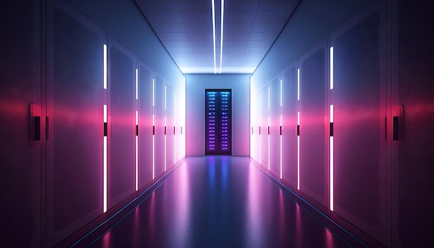 Centre de données avec rangées de serveurs Salle de stockage de données volumineuses avec de nombreux voyants clignotants IA générative