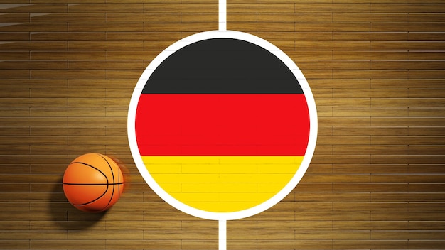 Centre de parquet de terrain de basket avec le drapeau de l'allemand