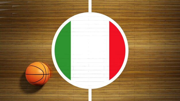 Centre de parquet de terrain de basket avec le drapeau de l'Italie