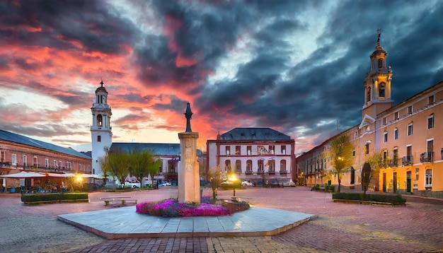 Le centre de la place de la ville au coucher de soleil spectaculaire