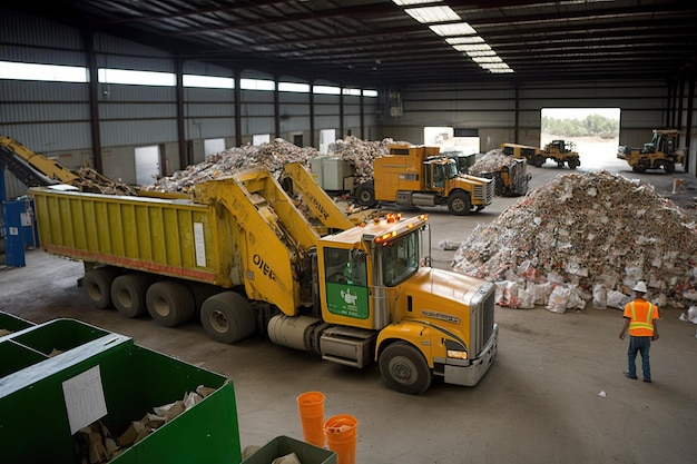 Centre de recyclage avec bacs et camions pour le tri et le transport des matières recyclables