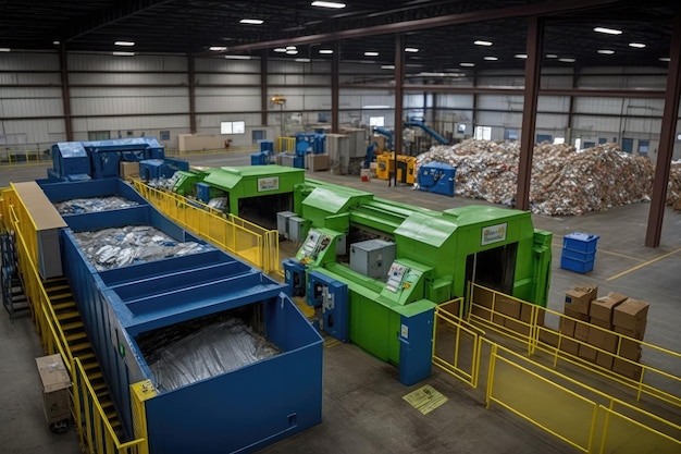 Centre de recyclage avec bacs et lignes de tri pour différents types de matières recyclables