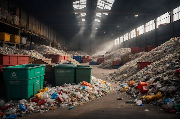 Un centre de recyclage avec des bacs pour différents types de matériaux comme le verre, le plastique et le papier