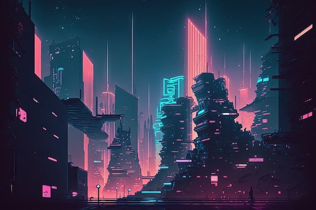 Centre-ville d'une future métropole avec des bâtiments éclairés au néon cyberpunk