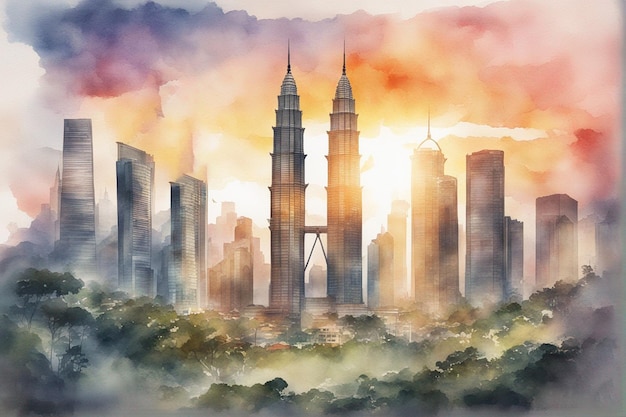 Centre-ville de Kuala lumpur KLCC en aquarelle