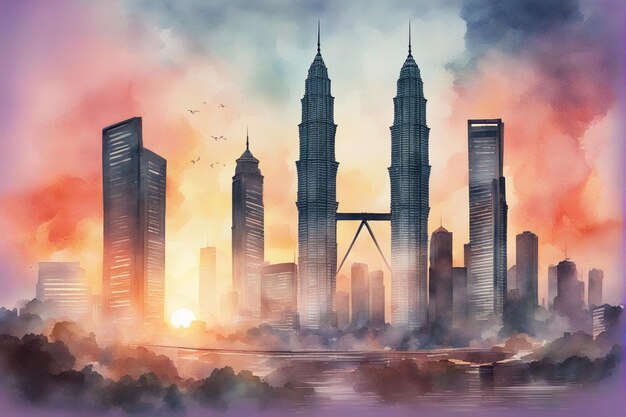 Centre-ville de Kuala lumpur KLCC en aquarelle