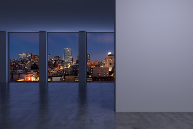 Centre-ville de San Francisco City Skyline Buildings de High Rise Window Beautiful Cher Real Estate Empty room Interior Mockup wall Gratte-ciels Cityscape Night California rendu 3d