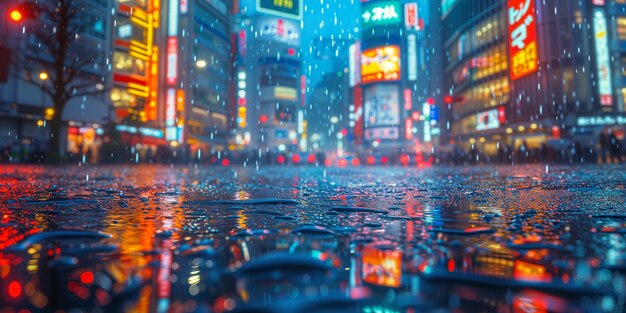 Le centre-ville de Tokyo la nuit avec de la pluie
