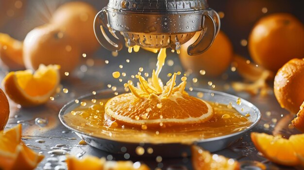 Une centrifugeuse pressant une spirale de jus d'orange avec une peau tordue