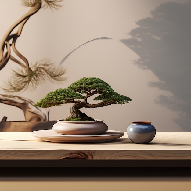 Céramique de thé Japandi minimaliste sur le bureau avec des bonsais