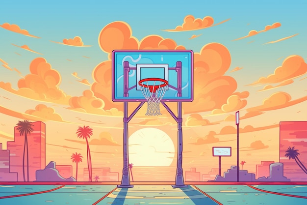 Photo cerceau de basket-ball avec coucher de soleil à l'arrière-plan